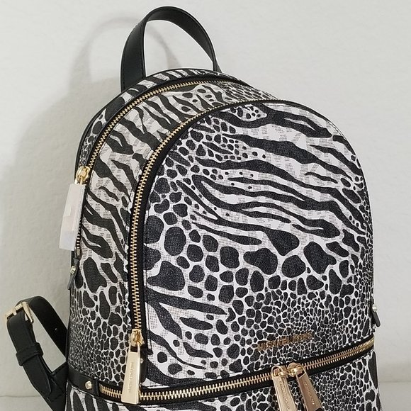 ?MICHAEL KORS RHEA ZIP MEDIUM BACKPACK BLACK WHITE LOGO ANIMAL PRINT TRAVEL BAG main image 9